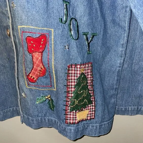 Victoria Jones Vintage Christmas Jean Button Top Blue Denim Embroidered Size Med - Picture 5 of 12